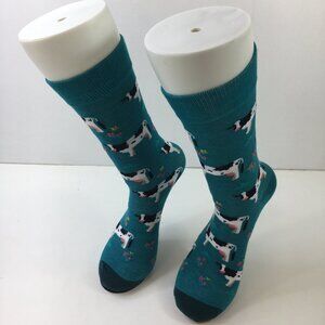 Womens Cow Print Novelty Crew Socks Fun Farm Style Flowers Blue White